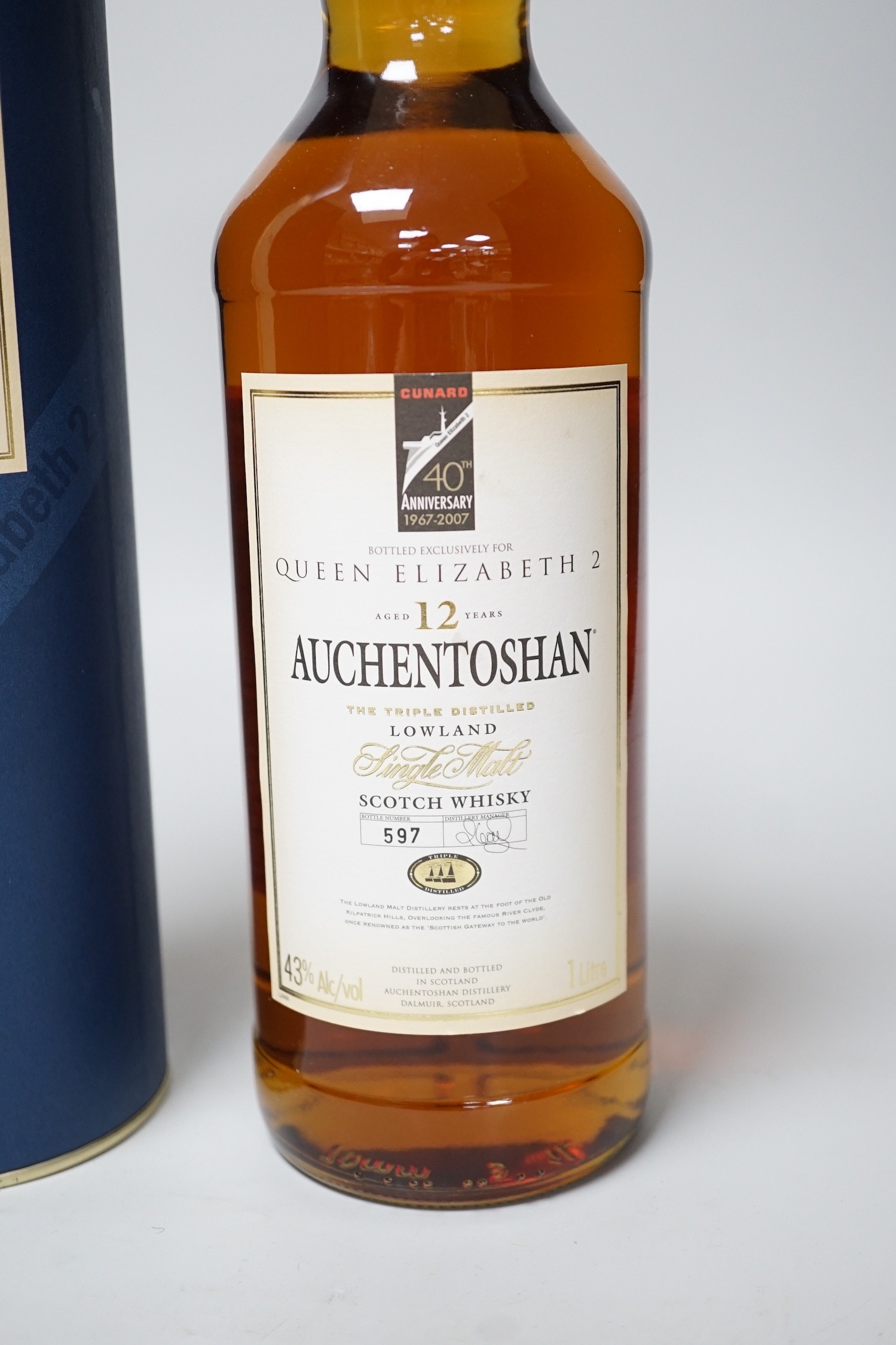 A boxed bottle of Auchentoshan 12 year old Lowlands single malt whisky, bottled exclusively for Queen Elizabeth II